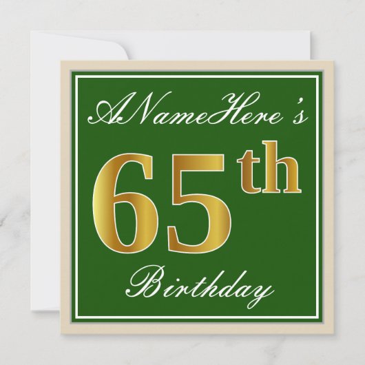 Elegant, groen, Faux Gold 65th Birthday + naam Kaart (Voorkant)