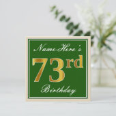 Elegant, groen, Faux Gold 73rd Birthday + naam Kaart (Staand voorkant)