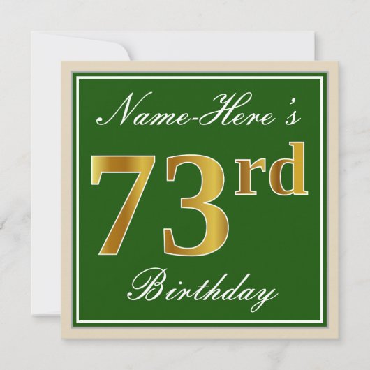 Elegant, groen, Faux Gold 73rd Birthday + naam Kaart (Voorkant)