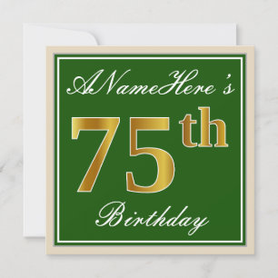 Elegant, groen, Faux Gold 75th Birthday + naam Kaart
