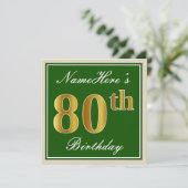 Elegant, groen, Faux Gold 80th Birthday + naam Kaart (Staand voorkant)