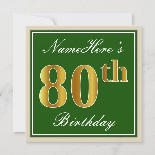 Elegant, groen, Faux Gold 80th Birthday + naam Kaart (Voorkant)