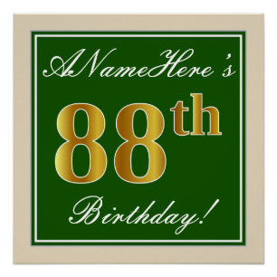 Elegant, groen, Faux Gold 88th Birthday + naam Perfect Poster