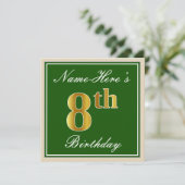 Elegant, groen, Faux Gold 8th Birthday + naam Kaart (Staand voorkant)