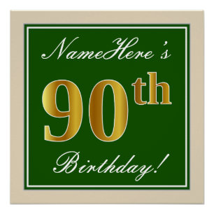Elegant, groen, Faux Gold 90th Birthday + naam Perfect Poster