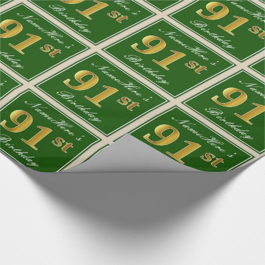 Elegant, groen, Faux Gold 91st Birthday + naam Cadeaupapier (Hoek)