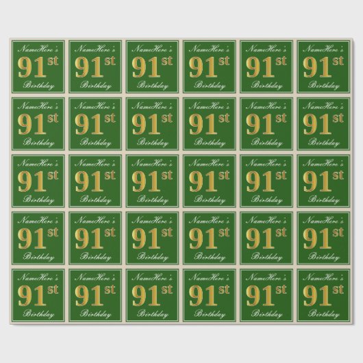 Elegant, groen, Faux Gold 91st Birthday + naam Cadeaupapier (Vlak)