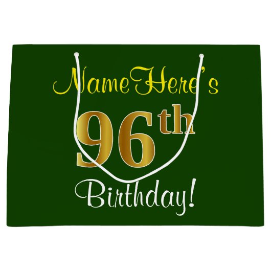 Elegant, groen, Faux Gold 96th Birthday + naam Groot Cadeauzakje (Voorkant)