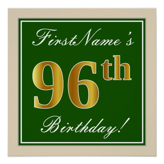 Elegant, groen, Faux Gold 96th Birthday + naam Perfect Poster (Voorkant)