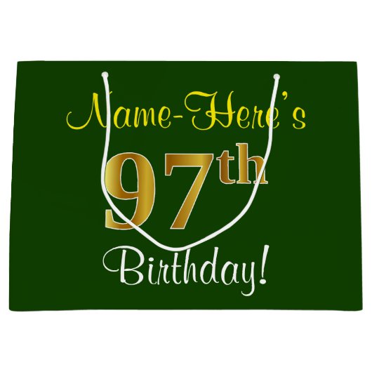 Elegant, groen, Faux Gold 97th Birthday + naam Large Cadeautasje (Voorkant)