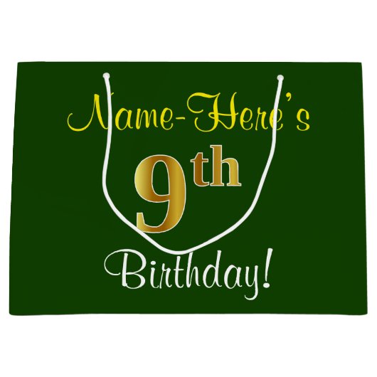 Elegant, groen, Faux Gold 9th Birthday + naam Large Cadeautasje (Voorkant)