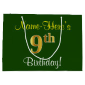 Elegant, groen, Faux Gold 9th Birthday + naam Large Cadeautasje (Achterkant)