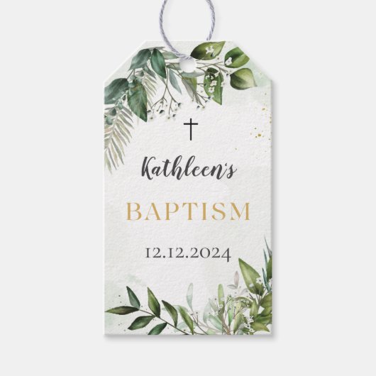 Elegant groen gebladerte doop cadeaulabel (Voorkant)
