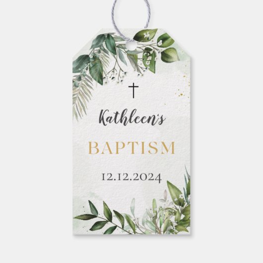 Elegant groen gebladerte doop cadeaulabel (Achterkant)