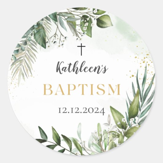 Elegant groen gebladerte doop ronde sticker (Voorkant)