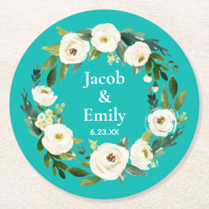 Elegant groen gepersonaliseerde namen blauw bruilo ronde kartonnen onderzetter