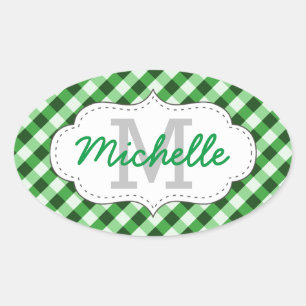 Elegant groen geruit patroon gepersonaliseerde naa ovale sticker