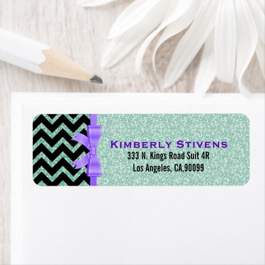 Elegant groen glitter zwart chevron Paarse accente Etiket (Insitu)