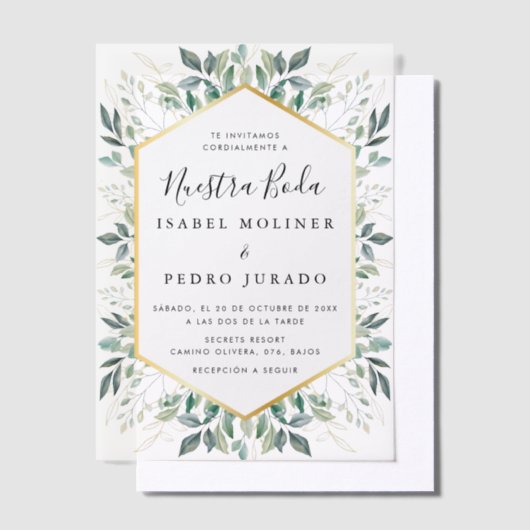 Elegant groen goud bladeren Nuestra Boda bruiloft Vellum Uitnodigingen (Offset)