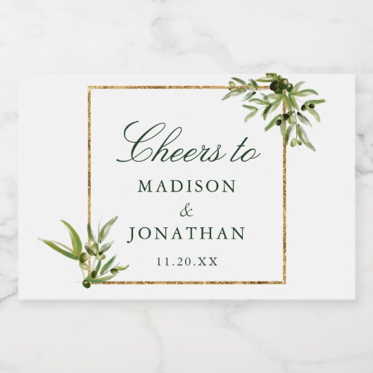 Elegant Groen Goud Botanische Aangepaste Bruiloft Sparkling Wijnetiket (Enkel label)