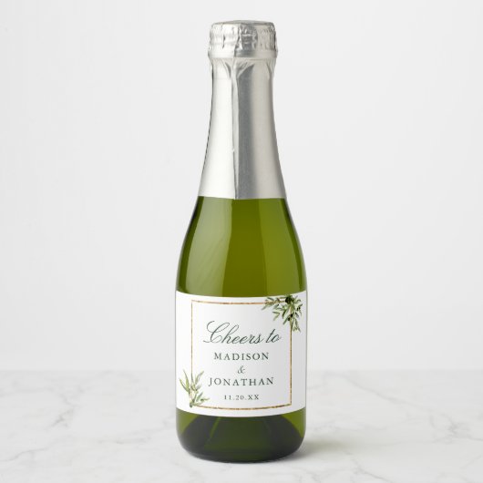 Elegant Groen Goud Botanische Aangepaste Bruiloft Sparkling Wijnetiket (Voorkant)