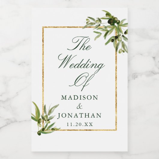 Elegant Groen Goud Botanische Aangepaste Bruiloft  Wijn Etiket (Enkel label)