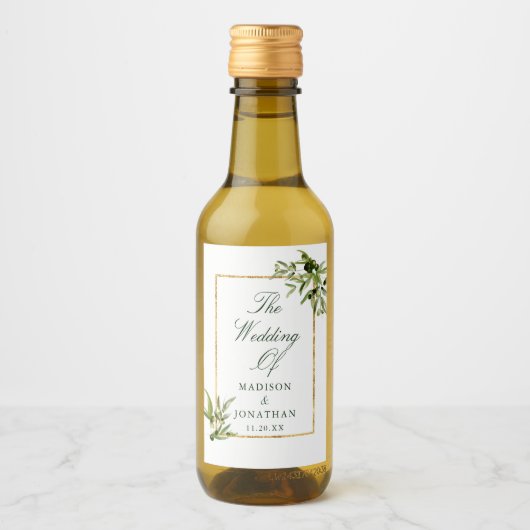 Elegant Groen Goud Botanische Aangepaste Bruiloft Wijn Etiket (Voorkant)