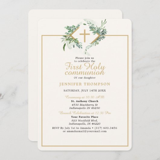 Elegant groen goud eerste communie kaart (Voorkant / Achterkant)