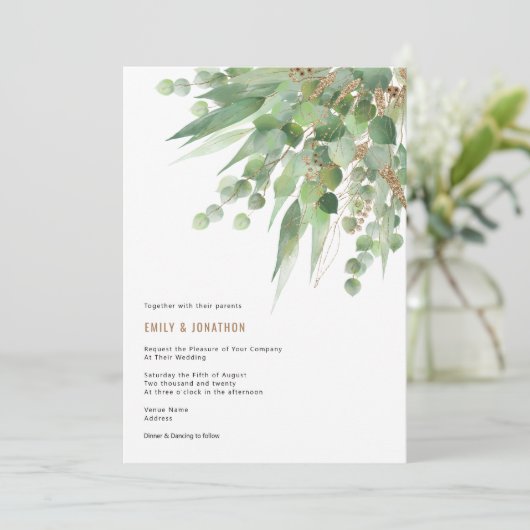 Elegant Groen Goud Eucalyptus Blad Bruiloft Kaart (Staand voorkant)