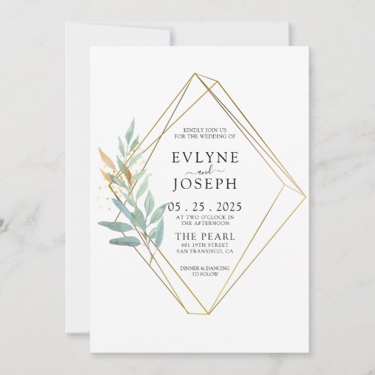 Elegant groen goud eucalyptus blad chique bruiloft kaart (Voorkant)