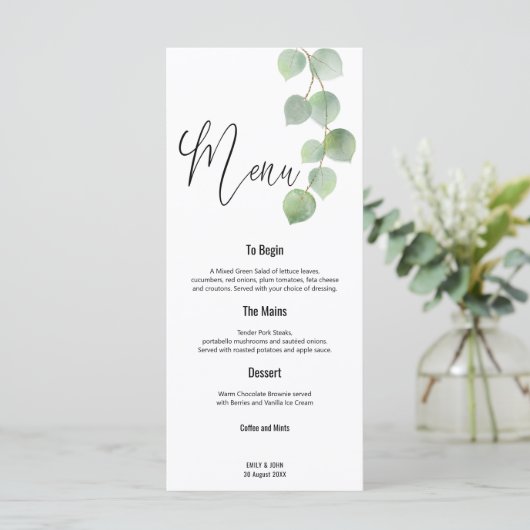 Elegant Groen Goud Eucalyptus Blad Script bruiloft Menu (Staand voorkant)