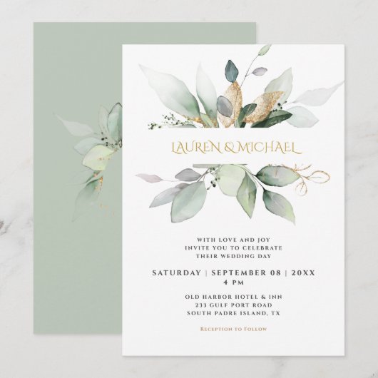 Elegant groen & goud Eucalyptus bruiloft Kaart (Voorkant / Achterkant)