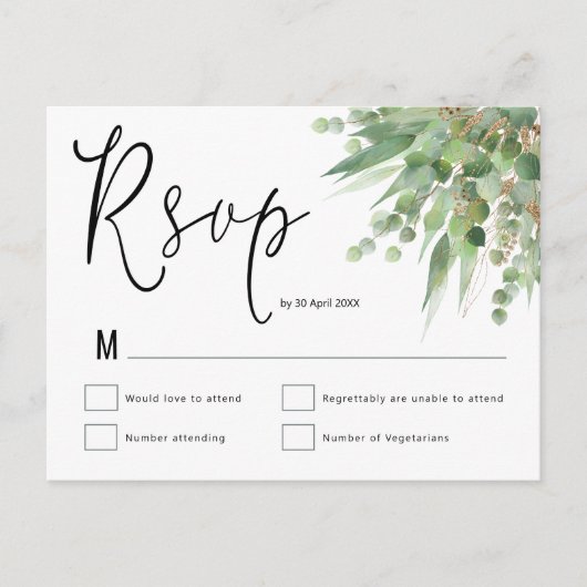 Elegant Groen Goud Eucalyptus Script Bruiloft RSVP Briefkaart (Voorkant)