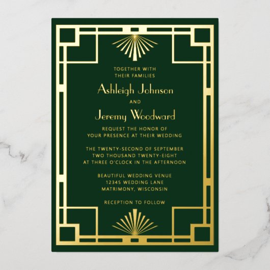 Elegant Groen Goud Geo 1920s Deco Bruiloft Folie Uitnodiging (Voorkant)