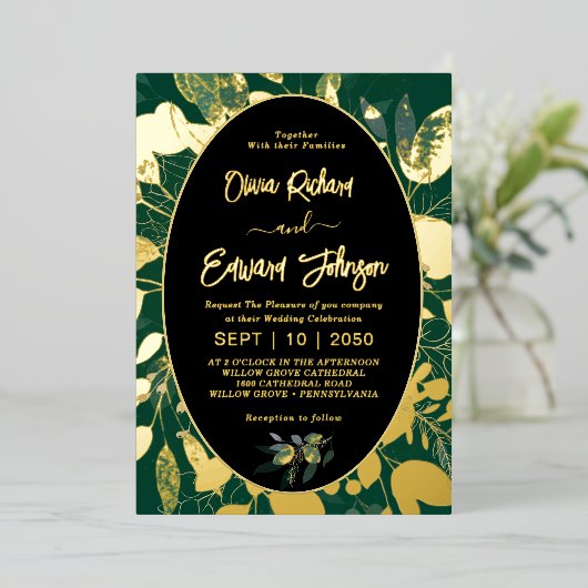 Elegant groen goud geometrisch Lijst bladeren Folie Uitnodiging (Staand Voorkant)