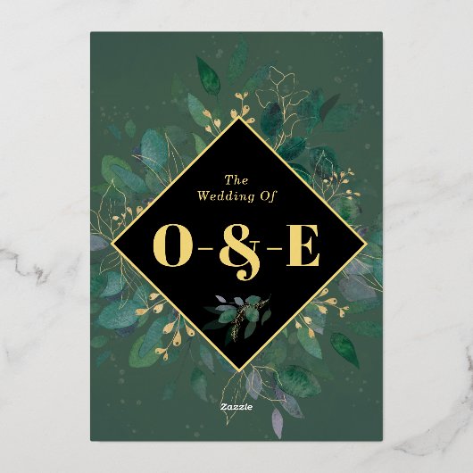 Elegant groen goud geometrisch Lijst bladeren Folie Uitnodiging (Achterkant)