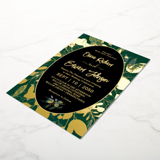 Elegant groen goud geometrisch Lijst bladeren Folie Uitnodiging (Gedraaid)