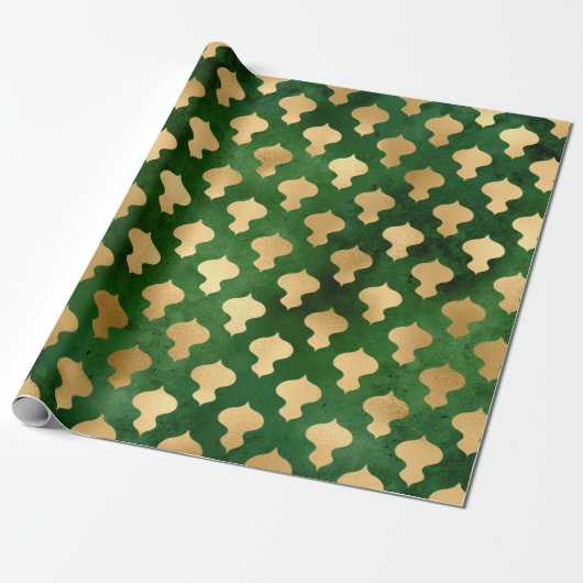 Elegant groen goud Kerstmis ornamenten patroon Cadeaupapier (Uitgerold)