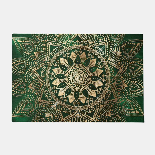 Elegant Groen Goud Mandala Deurmat (Voorkant)