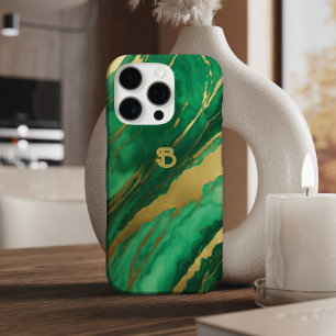 Elegant Groen Goud Marmer Monogram iPhone 16 Pro Hoesje