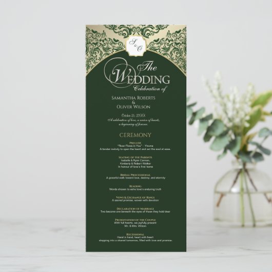 Elegant Groen & Goud Monogram Trouwprogramma Programma (Staand voorkant)