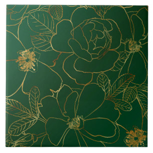 Elegant Groen Goud Rozen Bloemenlijn Tekening Tegeltje