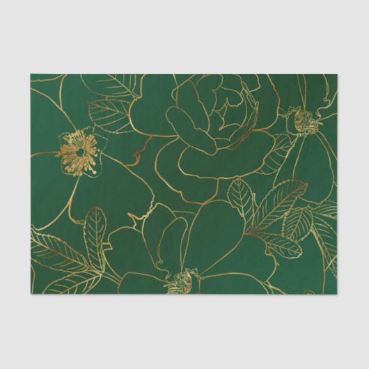 Elegant Groen Goud Rozen Bloemenlijn Tekening Tissuepapier (Voorkant)