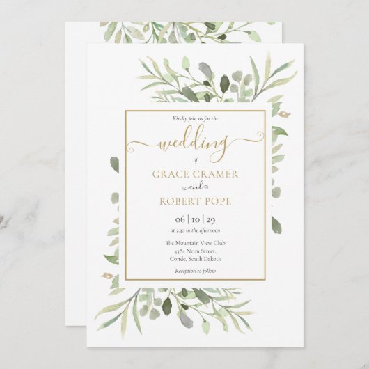 Elegant groen gouden geometrisch schrift bruiloft kaart (Voorkant / Achterkant)