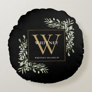 Elegant groen gouden monogram zwart rond kussen