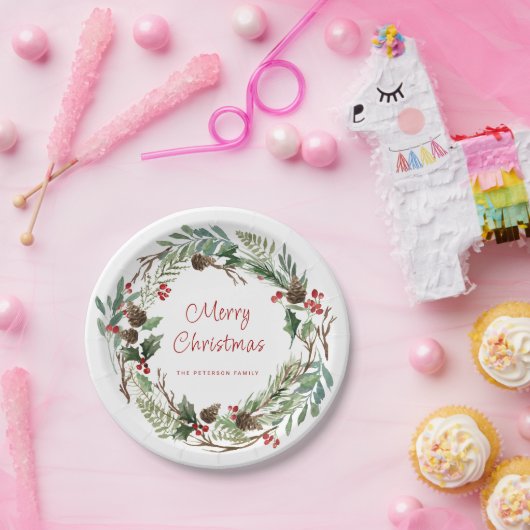 Elegant groen Holly Berry Krans | script Papieren Bordje (Feest)