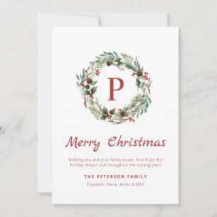 Elegant groen Holly Berry Monogram Krans Feestdagenkaart