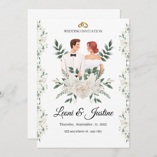 Elegant Groen Huwelijksuitnodiging Custom Bloemen Kaart (Voorkant / Achterkant)