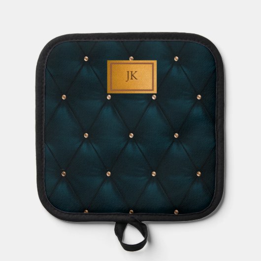 Elegant groen leder, diamanten, monogram pannenlap (Voorkant)