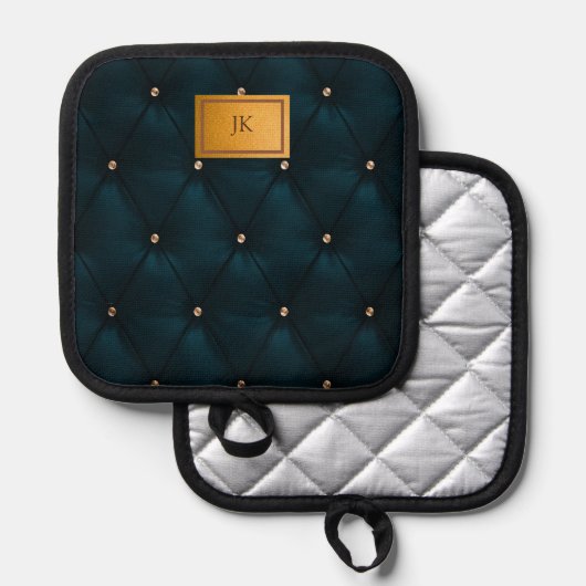 Elegant groen leder, diamanten, monogram pannenlap (Voorkant / Achterkant)